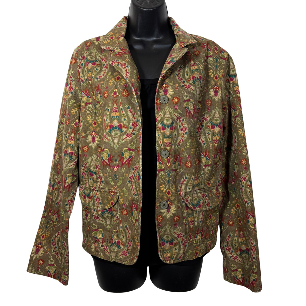 Brown Print Jacket Liz Claiborne Vintage Paisley Tapestry-Look XL Cotton Preppy